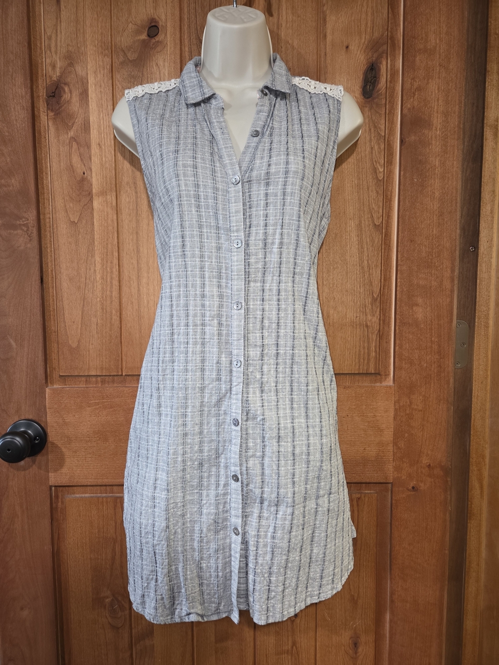 Hem & Thread Blue Striped Sleeveless‎ Midi Shirt Dress with Lace Yoke